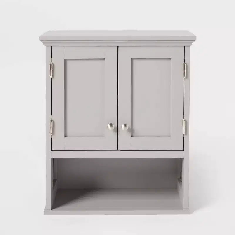 Armoire murale en bois avec étagères ouvertes et porte - Grise