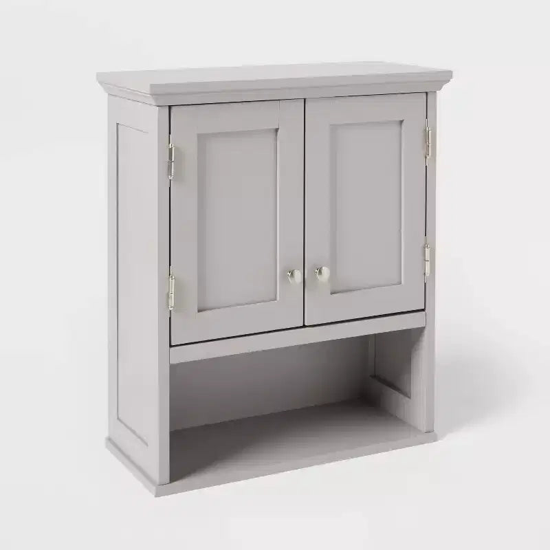 Armoire murale en bois avec étagères ouvertes et porte - Grise