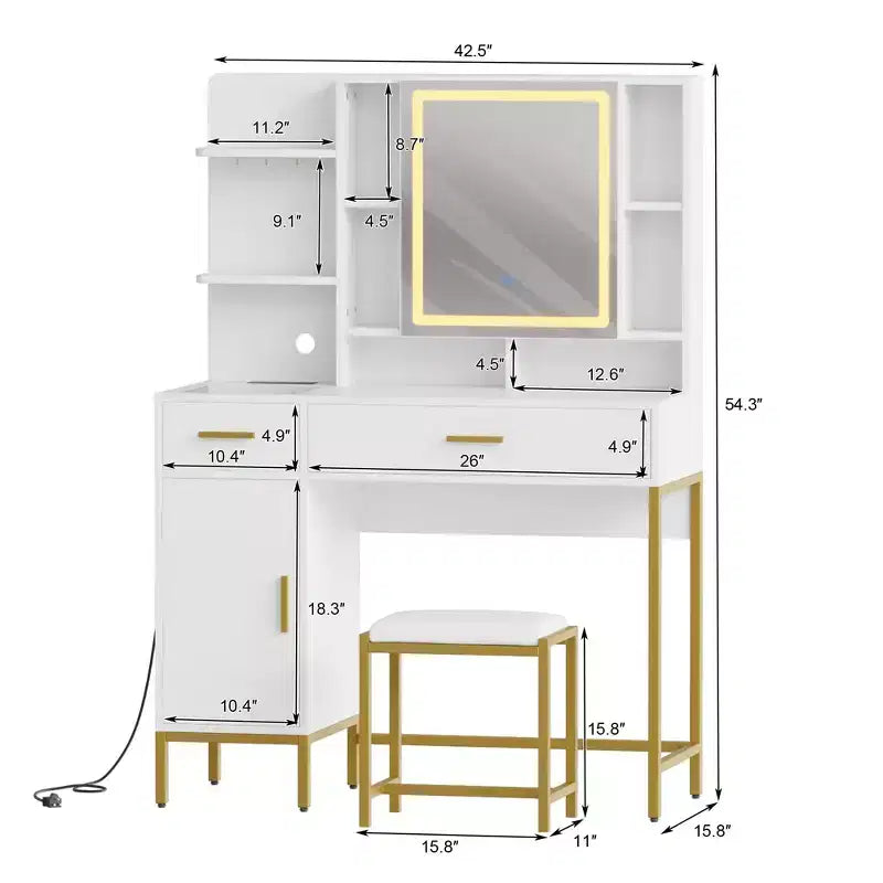 Coiffeuse, commode adulte, coiffeuse avec lumières en 3 couleurs, station de charge, tiroirs, pour salle de bain, chambre à coucher, blanc
