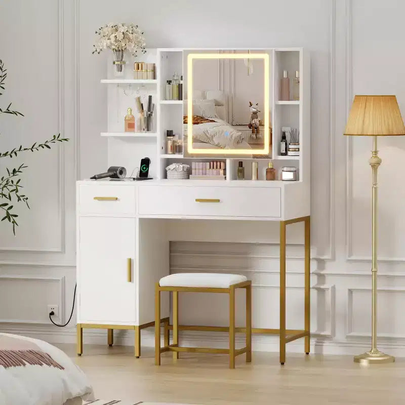 Coiffeuse, commode adulte, coiffeuse avec lumières en 3 couleurs, station de charge, tiroirs, pour salle de bain, chambre à coucher, blanc