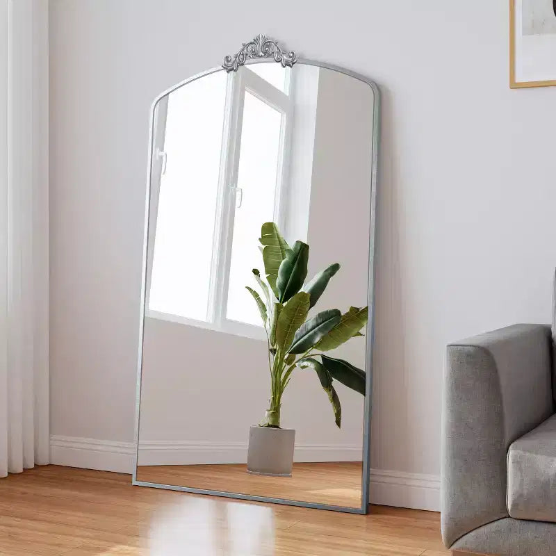 Miroir sur pied arqué de style vintage avec cadre en métal, 66x36 / 43x24 pouces