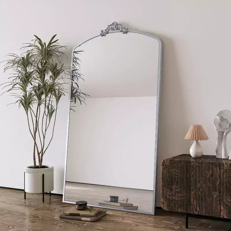 Miroir sur pied arqué de style vintage avec cadre en métal, 66x36 / 43x24 pouces