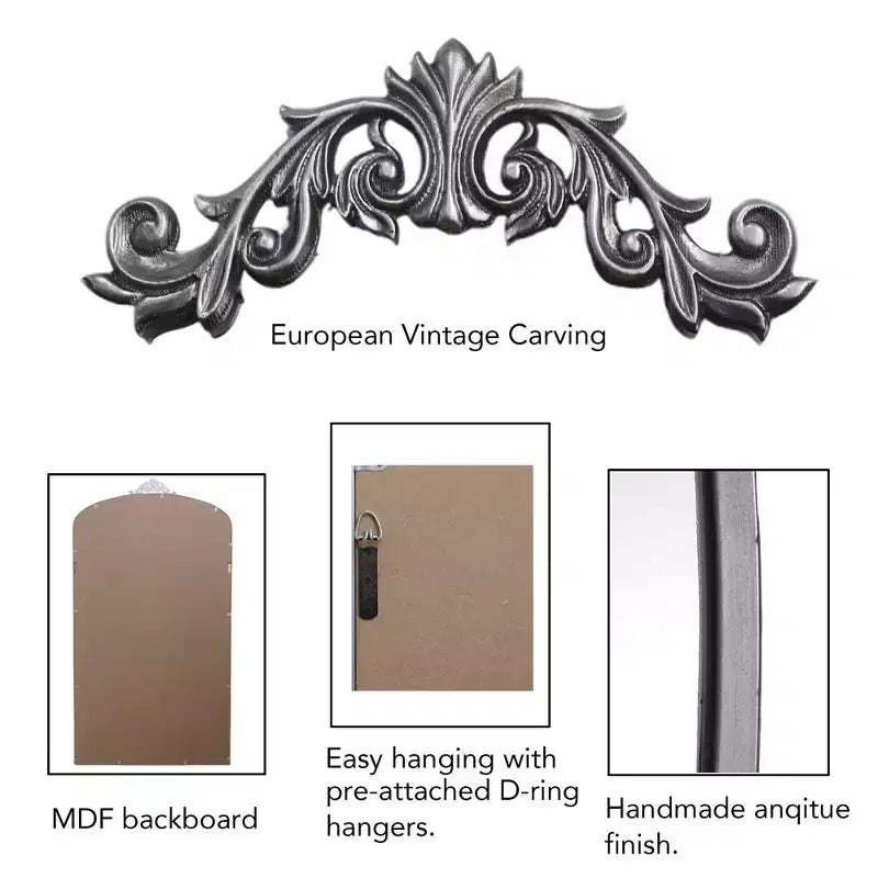 Miroir sur pied arqué de style vintage avec cadre en métal, 66x36 / 43x24 pouces