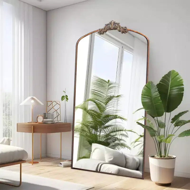 Miroir sur pied arqué de style vintage avec cadre en métal, 66x36 / 43x24 pouces