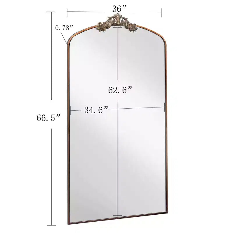 Miroir sur pied arqué de style vintage avec cadre en métal, 66x36 / 43x24 pouces