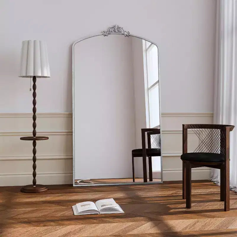 Miroir sur pied arqué de style vintage avec cadre en métal, 66x36 / 43x24 pouces