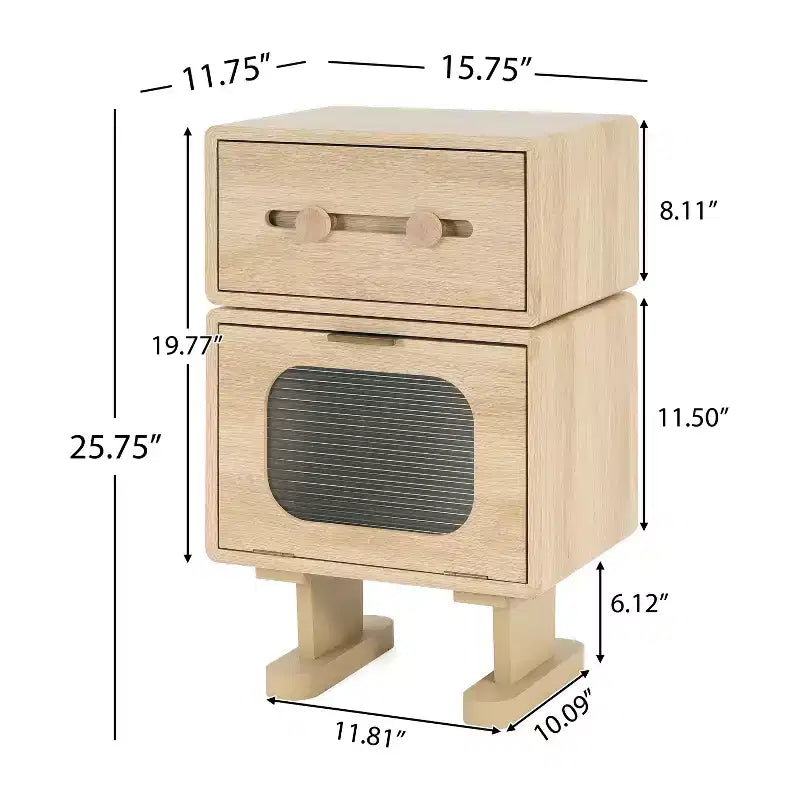 Robot-Style Swivel Side Table with Storage, Natural Finish