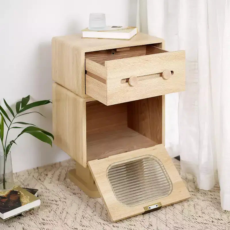 Robot-Style Swivel Side Table with Storage, Natural Finish