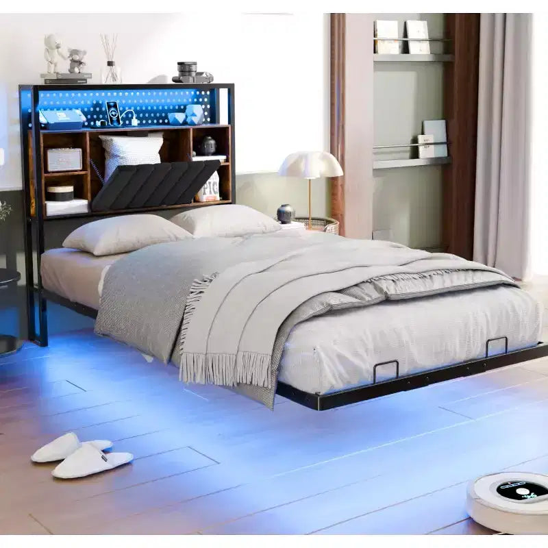 Cadre de lit flottant avec lumières LED, station de charge, rangement caché et tête de lit en velours, sommier tapissier non requis