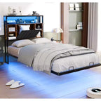 Cadre de lit flottant avec lumières LED, station de charge, rangement caché et tête de lit en velours, sommier tapissier non requis