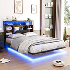 Cadre de lit flottant avec lumières LED, station de charge, rangement caché et tête de lit en velours, sommier tapissier non requis