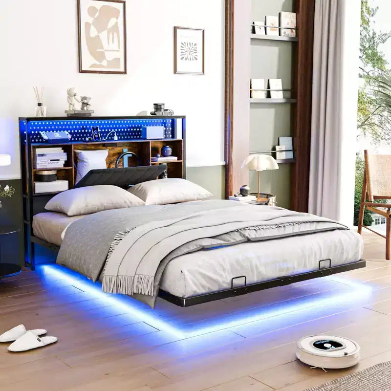 Cadre de lit flottant avec lumières LED, station de charge, rangement caché et tête de lit en velours, sommier tapissier non requis