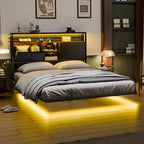 Cadre de lit flottant avec lumières LED, station de charge, rangement caché et tête de lit en velours, sommier tapissier non requis