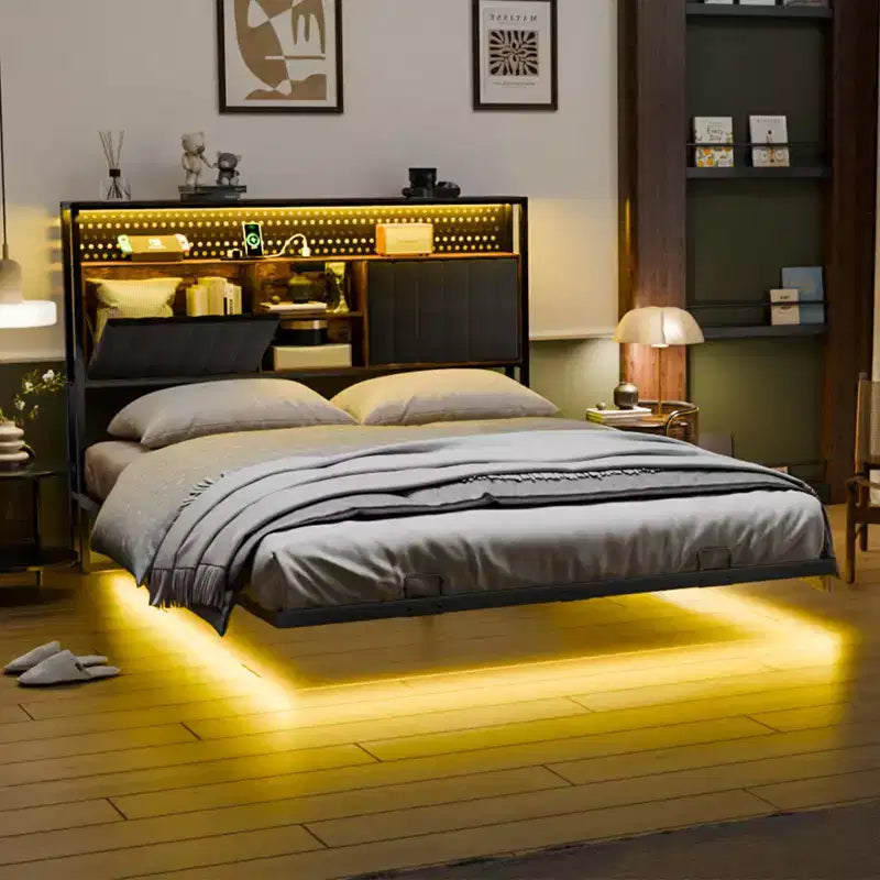 Cadre de lit flottant avec lumières LED, station de charge, rangement caché et tête de lit en velours, sommier tapissier non requis