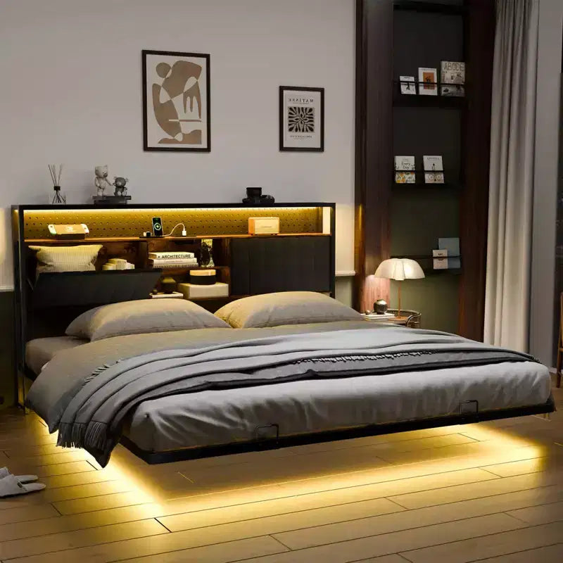 Cadre de lit flottant avec lumières LED, station de charge, rangement caché et tête de lit en velours, sommier tapissier non requis