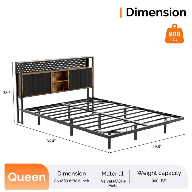 Floating Bed Frame with LED Lights, Charging Station, Hidden Storage & Velvet Headboard, No Box Spring Needed