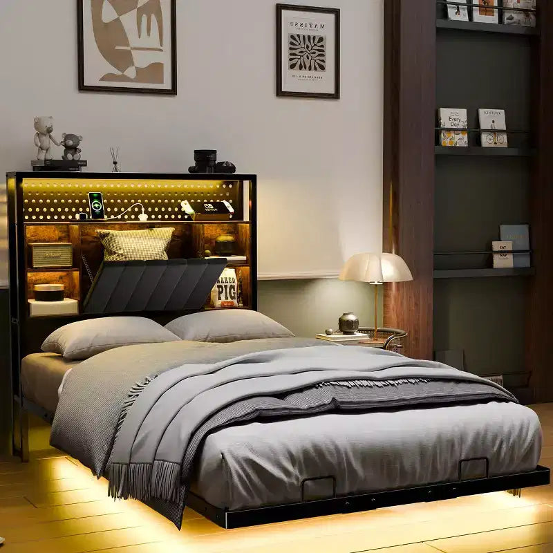 Cadre de lit flottant avec lumières LED, station de charge, rangement caché et tête de lit en velours, sommier tapissier non requis