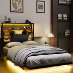 Cadre de lit flottant avec lumières LED, station de charge, rangement caché et tête de lit en velours, sommier tapissier non requis
