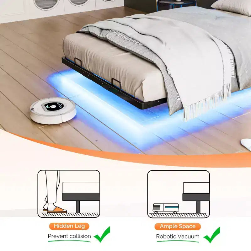 Cadre de lit flottant avec lumières LED, station de charge, rangement caché et tête de lit en velours, sommier tapissier non requis