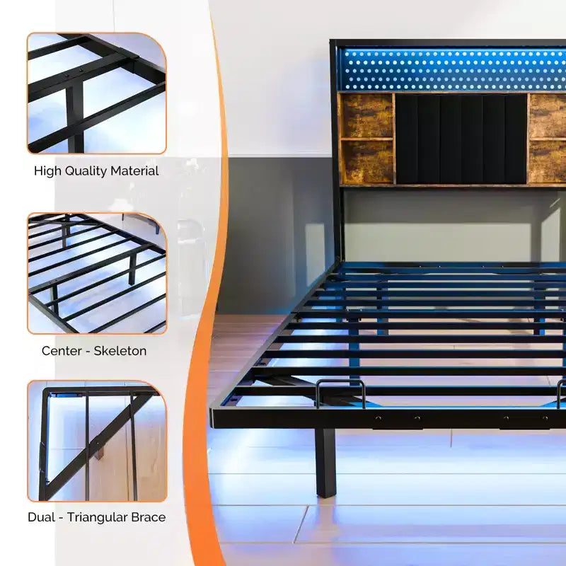 Cadre de lit flottant avec lumières LED, station de charge, rangement caché et tête de lit en velours, sommier tapissier non requis