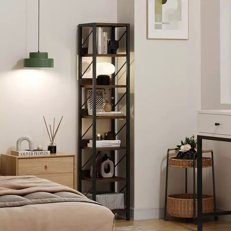 Étagère étroite à 6 niveaux avec protection des bords, structure en bois et fer