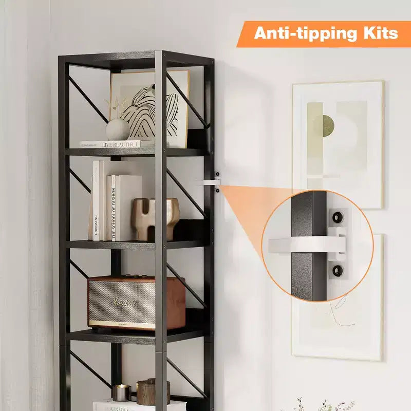 6-Tier Narrow Bookcase with Edge Protection, Wood and Iron Frame