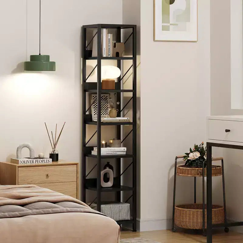 Étagère étroite à 6 niveaux avec protection des bords, structure en bois et fer