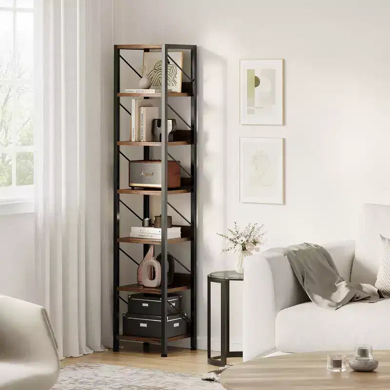 6-Tier Narrow Bookcase with Edge Protection, Wood and Iron Frame