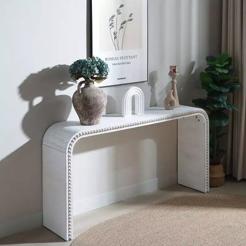 Console de 59 po style cascade avec accents de perles en bois, blanc
