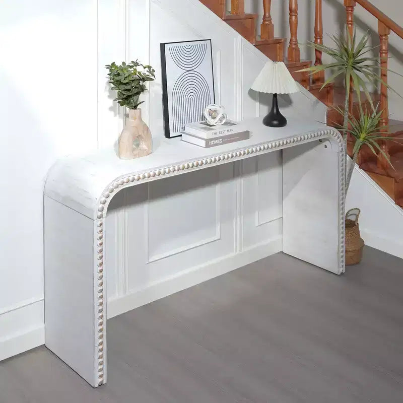59-Inch Waterfall-Style Console Table with Wood Bead Accents, White