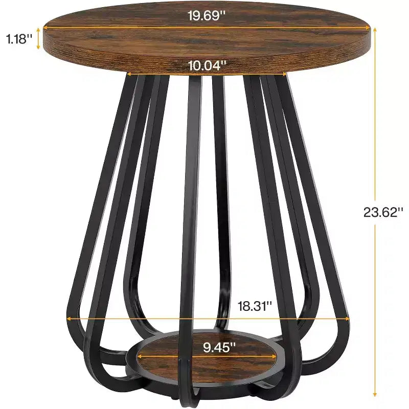 2-Tier Round Side Table with Metal Frame and Lower Shelf – Brown & Black