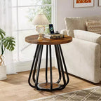 2-Tier Round Side Table with Metal Frame and Lower Shelf – Brown & Black