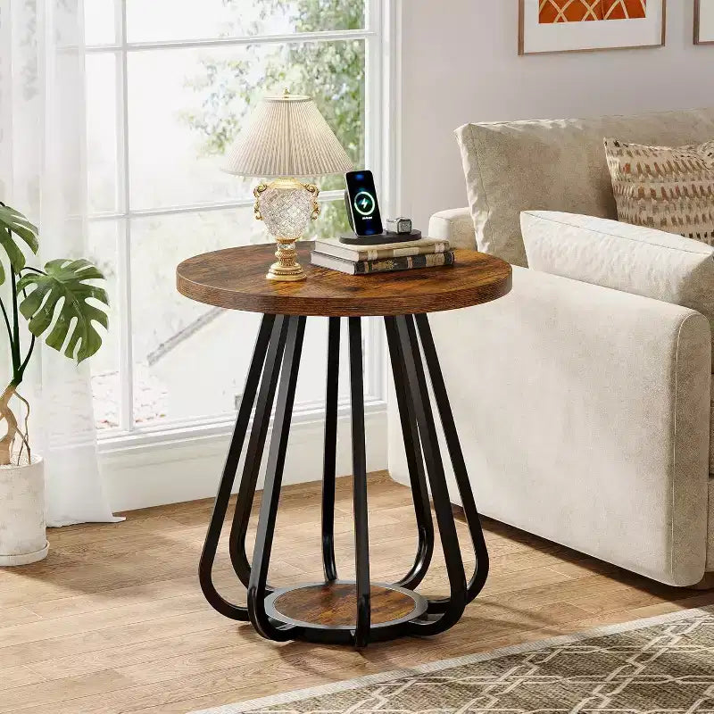 2-Tier Round Side Table with Metal Frame and Lower Shelf – Brown & Black