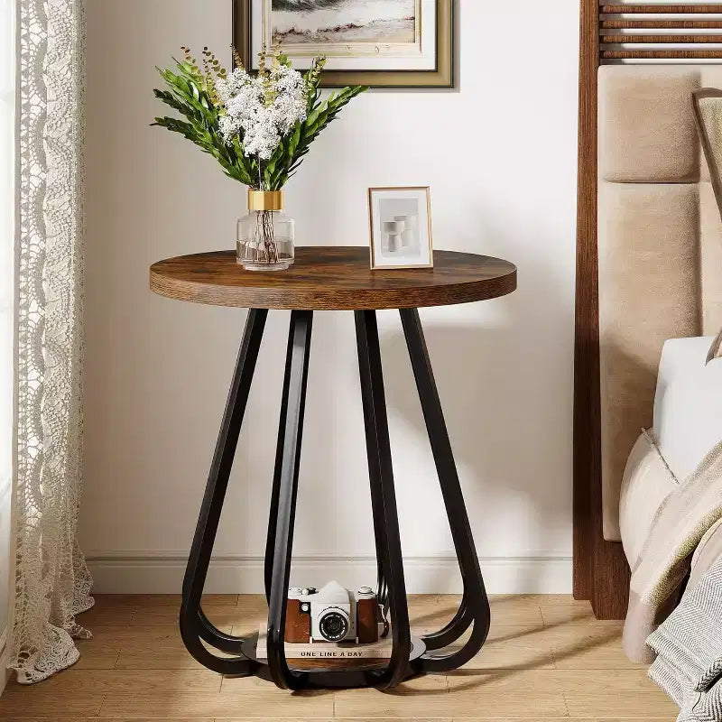 2-Tier Round Side Table with Metal Frame and Lower Shelf – Brown & Black
