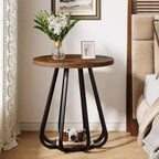 2-Tier Round Side Table with Metal Frame and Lower Shelf – Brown & Black