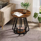 2-Tier Round Side Table with Metal Frame and Lower Shelf – Brown & Black