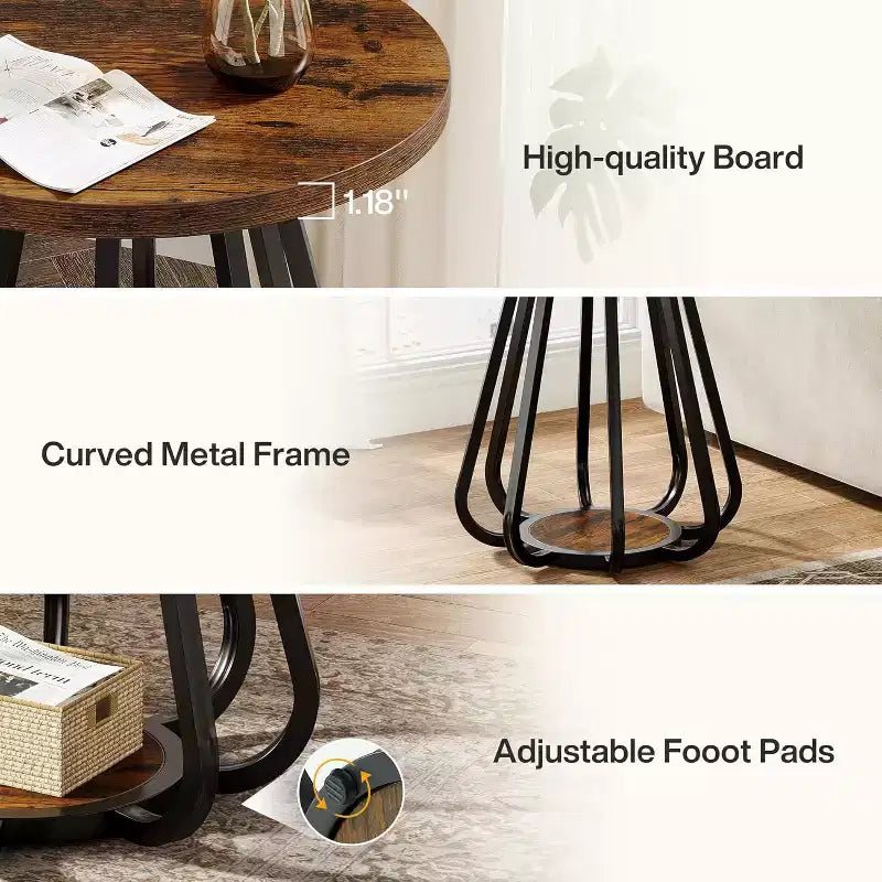 2-Tier Round Side Table with Metal Frame and Lower Shelf – Brown & Black