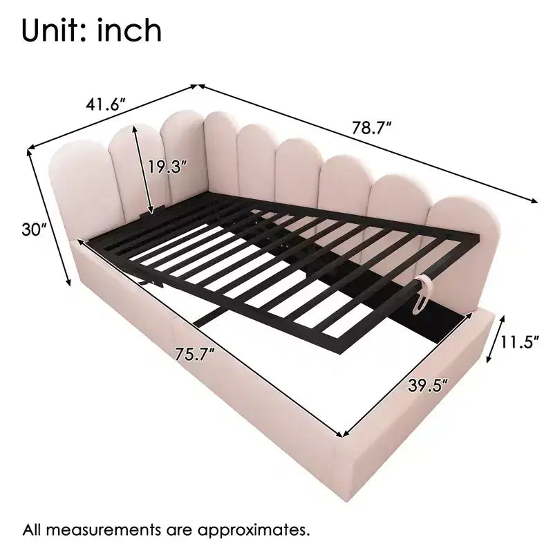 Twin Upholstered Platform Daybed with Hydraulic Storage and Metal Slatted Frame