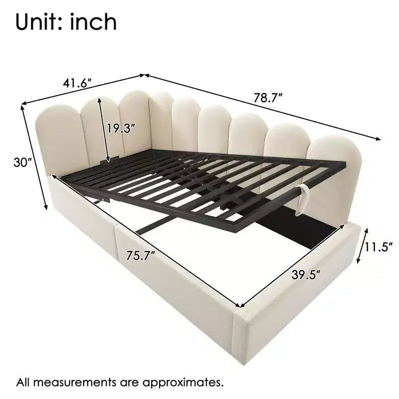 Twin Upholstered Platform Daybed with Hydraulic Storage and Metal Slatted Frame