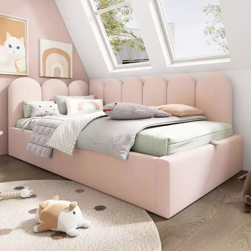 Twin Upholstered Platform Daybed with Hydraulic Storage and Metal Slatted Frame