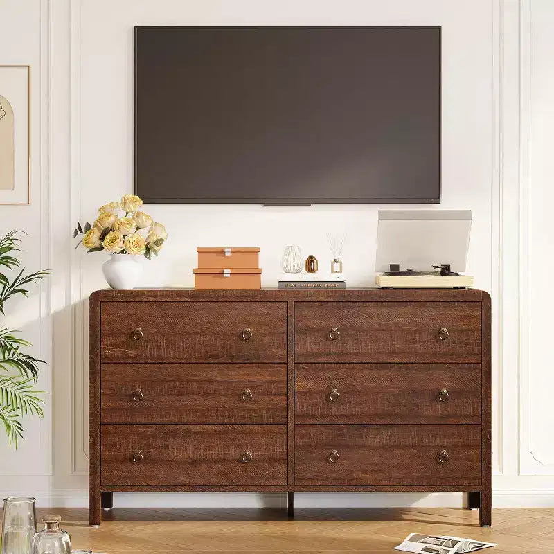 6 Drawer Dresser, Storage Organizer with Sturdy Metal Handle, TV Stand for 55 inch TV, Chest of Drawers for Living Room, Hallway, Closet