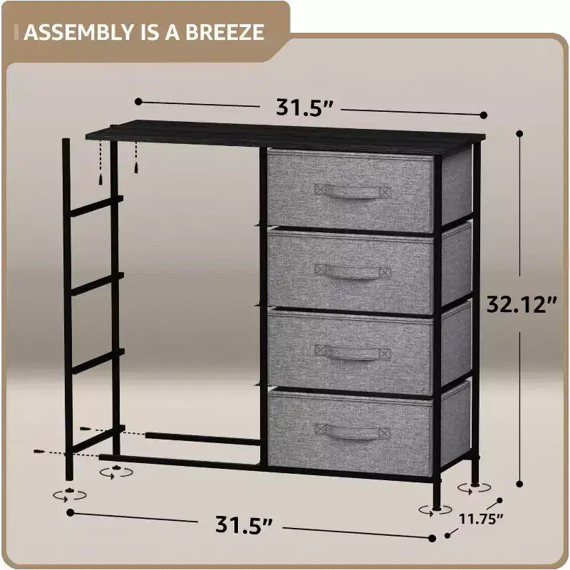 Commode en tissu à 8 tiroirs avec cadre en acier et plateau en bois