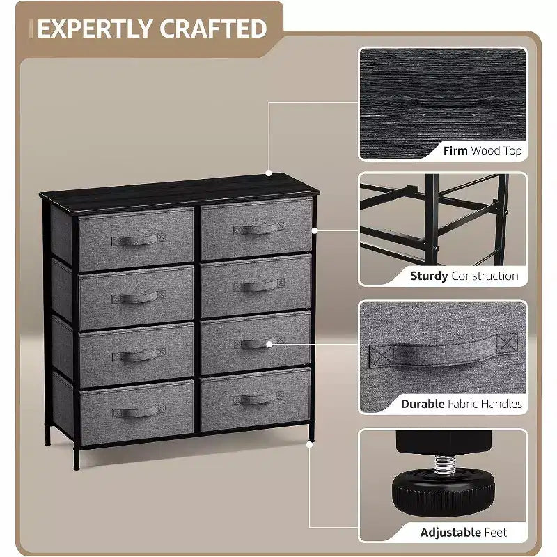 Commode en tissu à 8 tiroirs avec cadre en acier et plateau en bois
