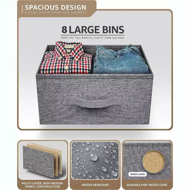 Commode en tissu à 8 tiroirs avec cadre en acier et plateau en bois