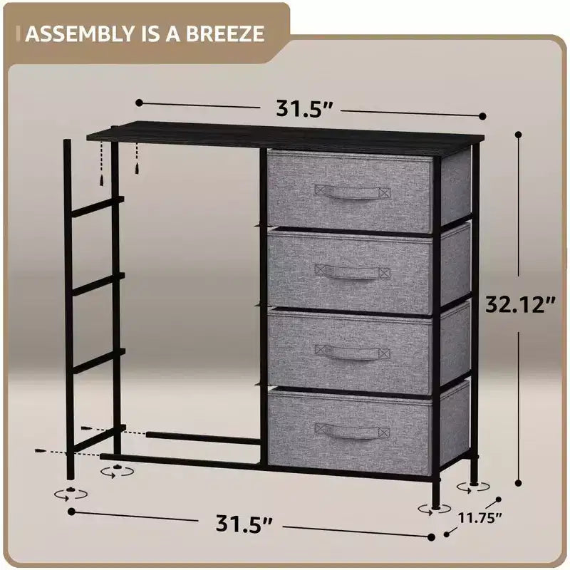 Commode en tissu à 8 tiroirs avec cadre en acier et plateau en bois