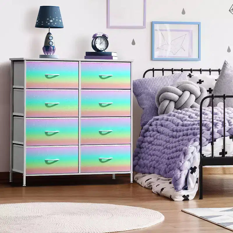 Commode en tissu à 8 tiroirs avec cadre en acier et plateau en bois