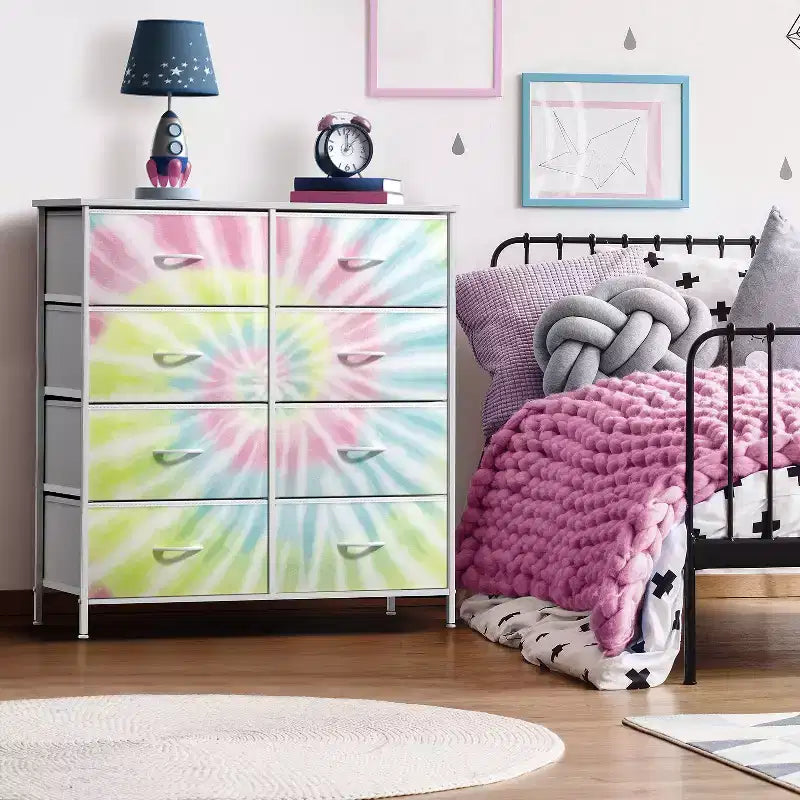 Commode en tissu à 8 tiroirs avec cadre en acier et plateau en bois