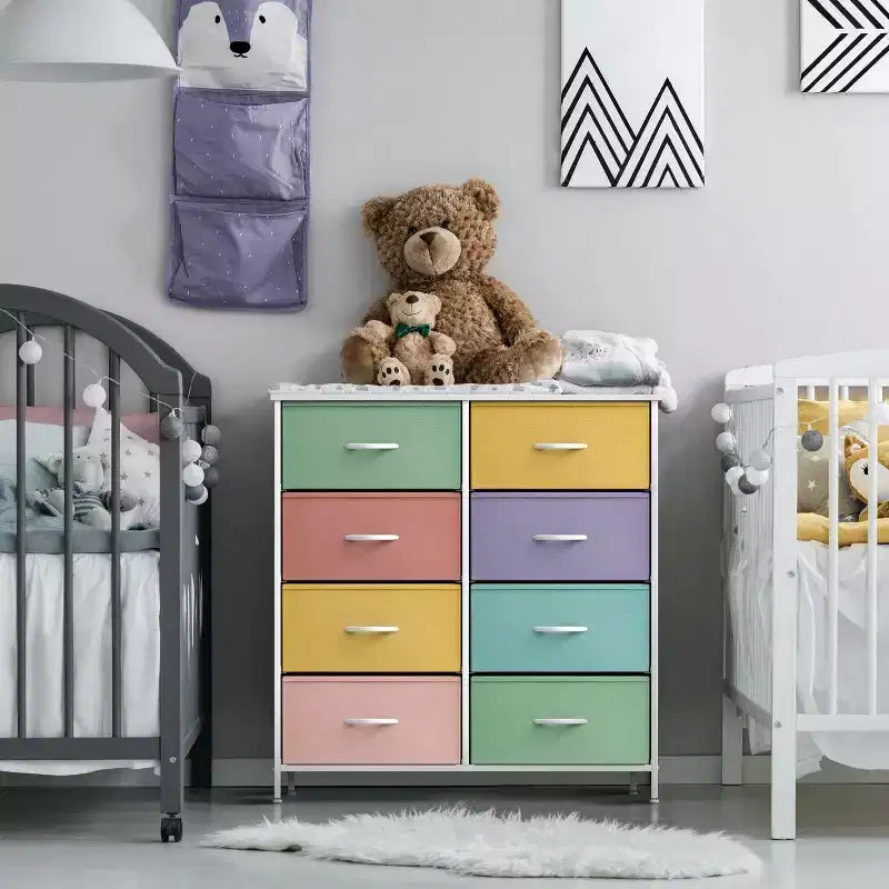 Commode en tissu à 8 tiroirs avec cadre en acier et plateau en bois