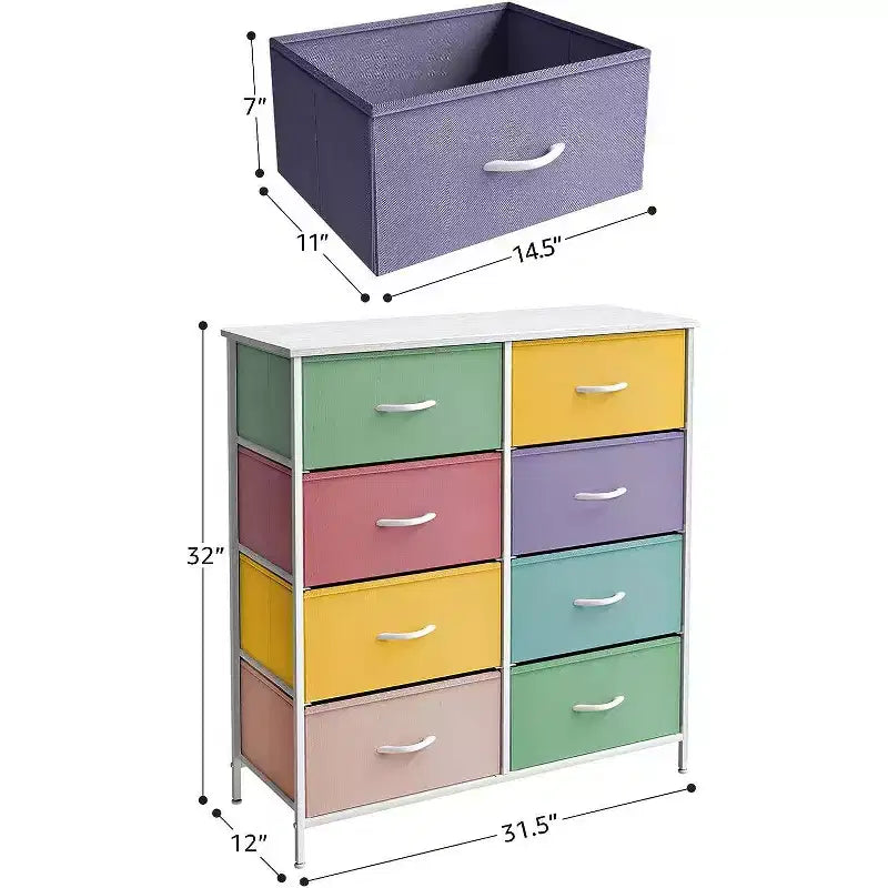 Commode en tissu à 8 tiroirs avec cadre en acier et plateau en bois