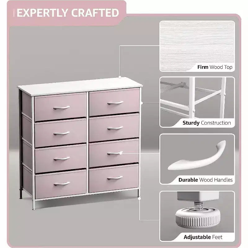 Commode en tissu à 8 tiroirs avec cadre en acier et plateau en bois